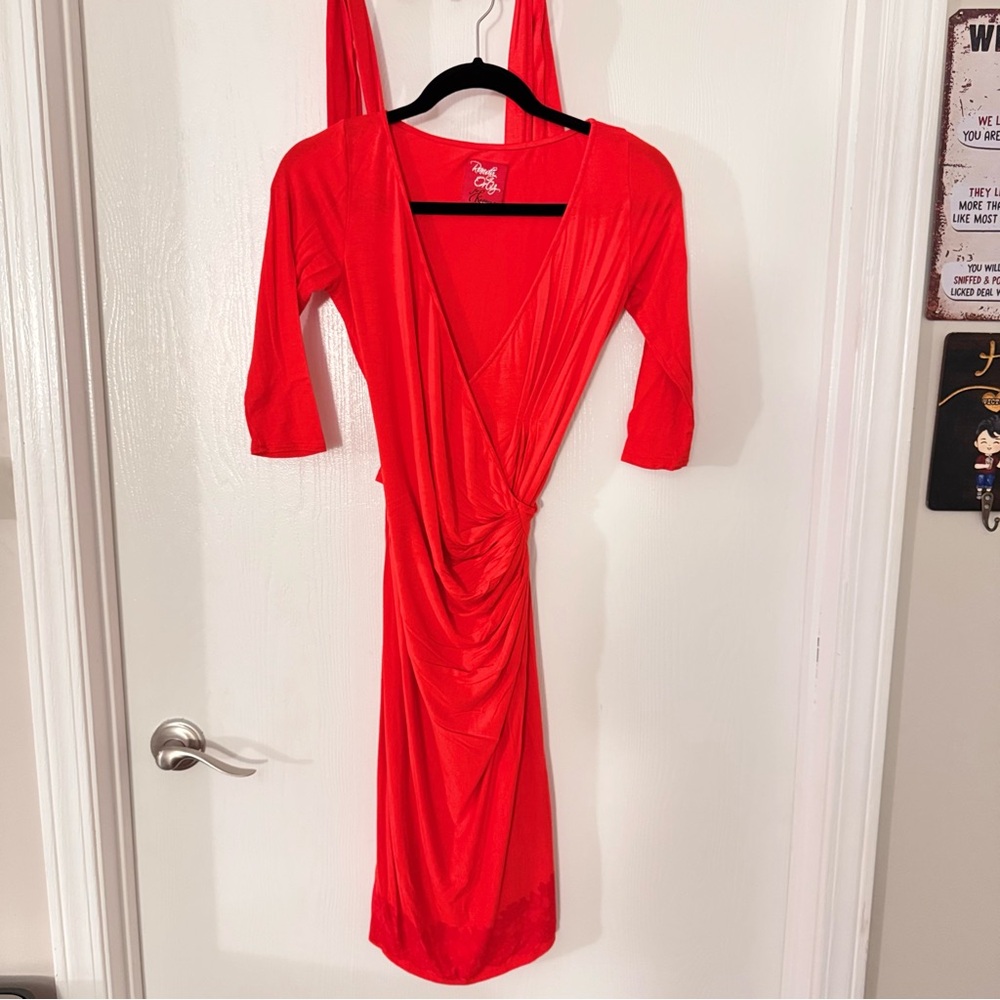 Orange Bodycon Dress with Ruched Waist and Plunge Neckline for Cocktail
